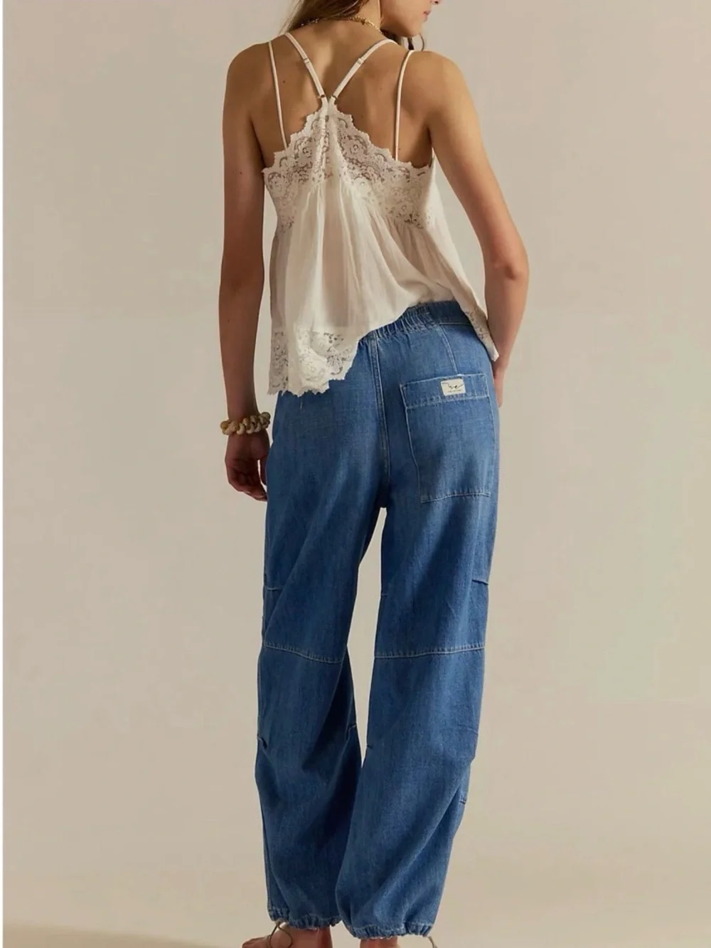 Free People Washed Blue Logan Cinched Drawstring Jeans